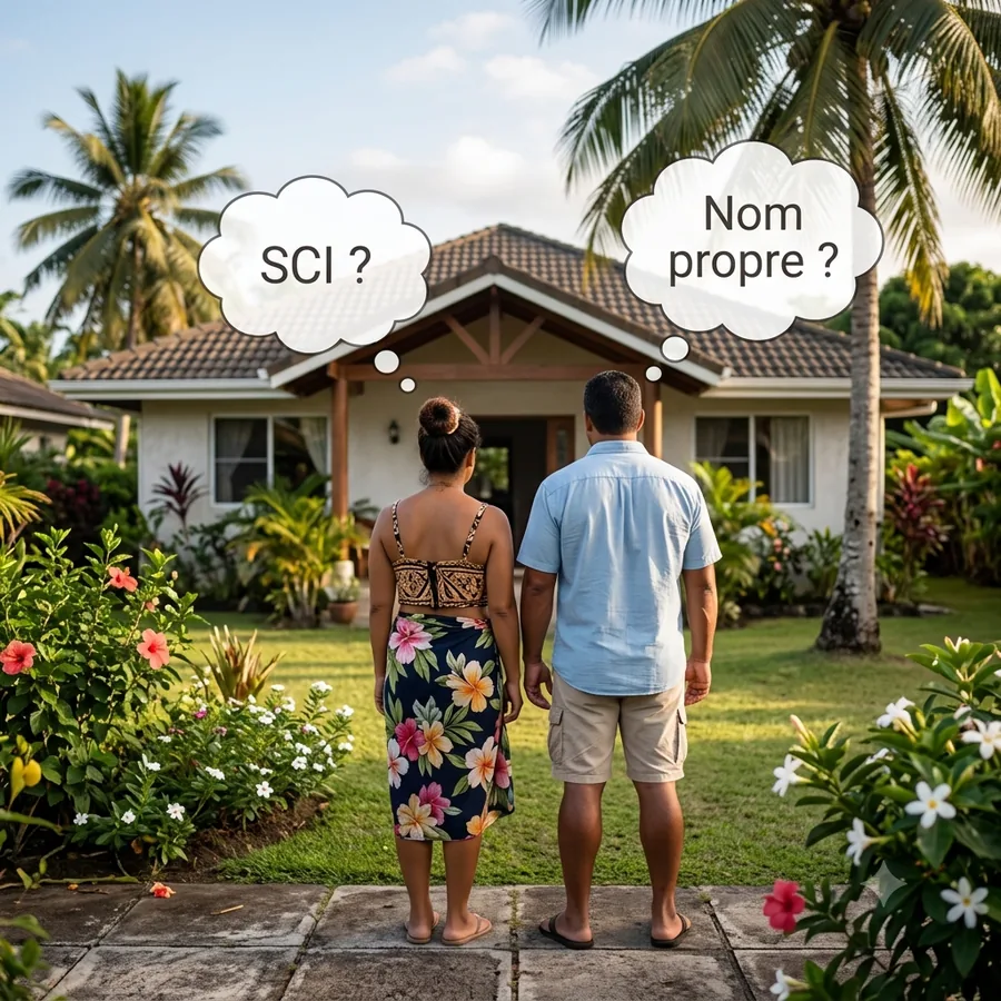 Un couple polynésien de dos devant sa maison, avec deux bulles de pensée : SCI ? et Nom propre ?