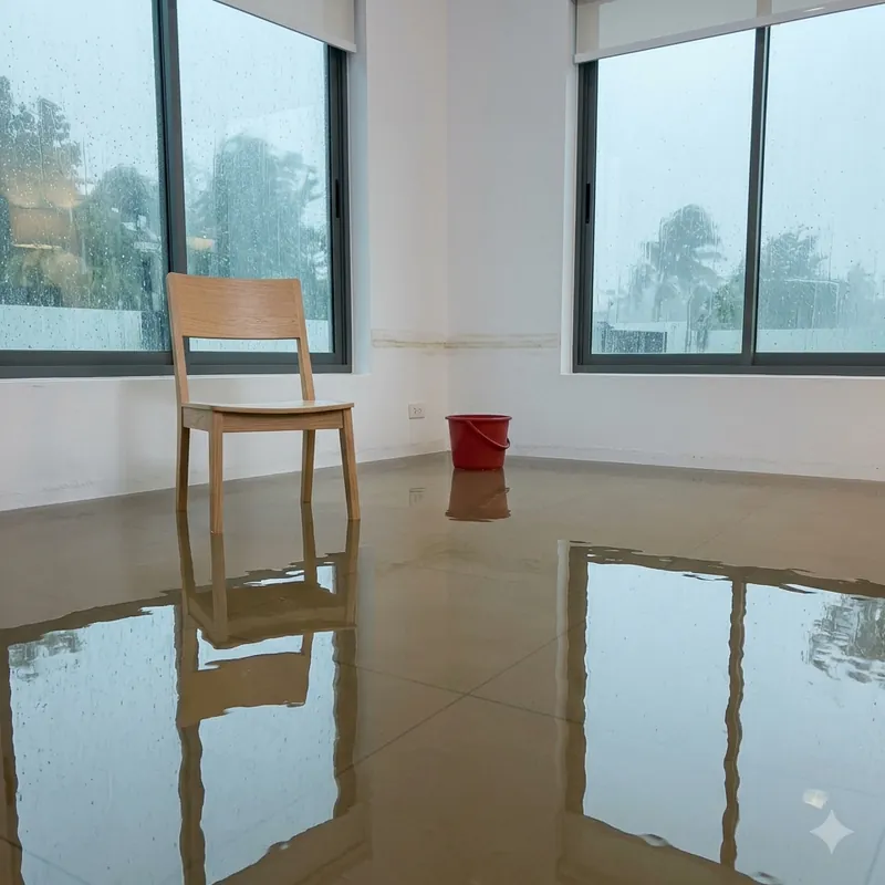 Une pièce inondée avec un seau rouge et la pluie battante dehors, dégât des eaux