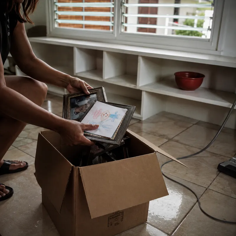 Une personne range ses photos de famille dans un carton pour dépersonnaliser son intérieur avant une vente