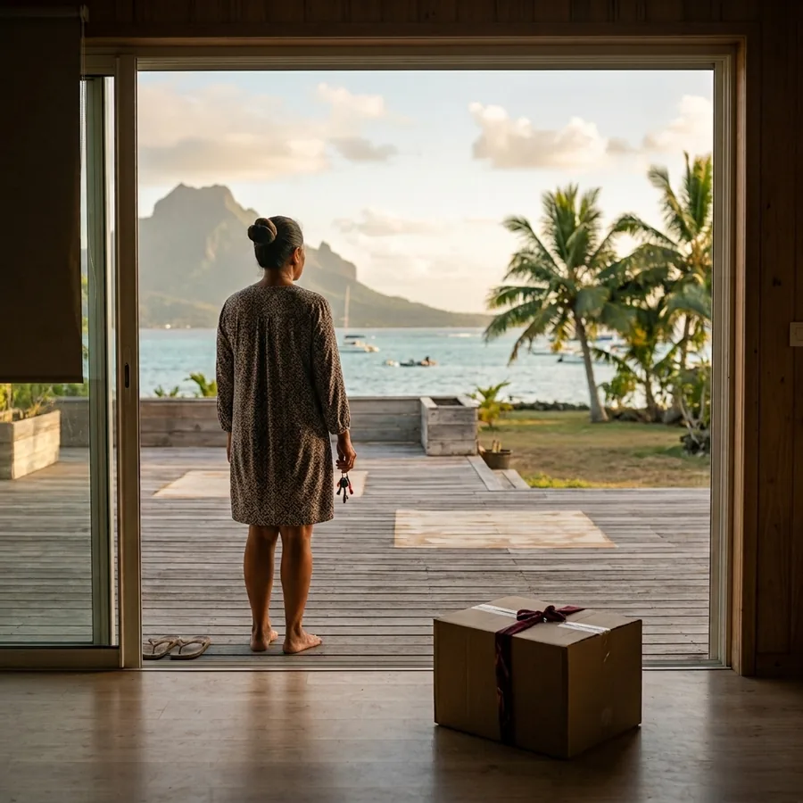 Femme sur le seuil d'une maison ouverte sur la mer