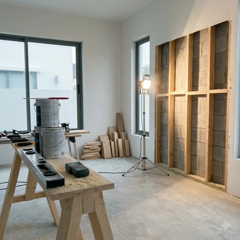 Une pièce en cours de rénovation : pots de peinture, niveau sur un tréteau, planches et mur en parpaings avec ossature bois