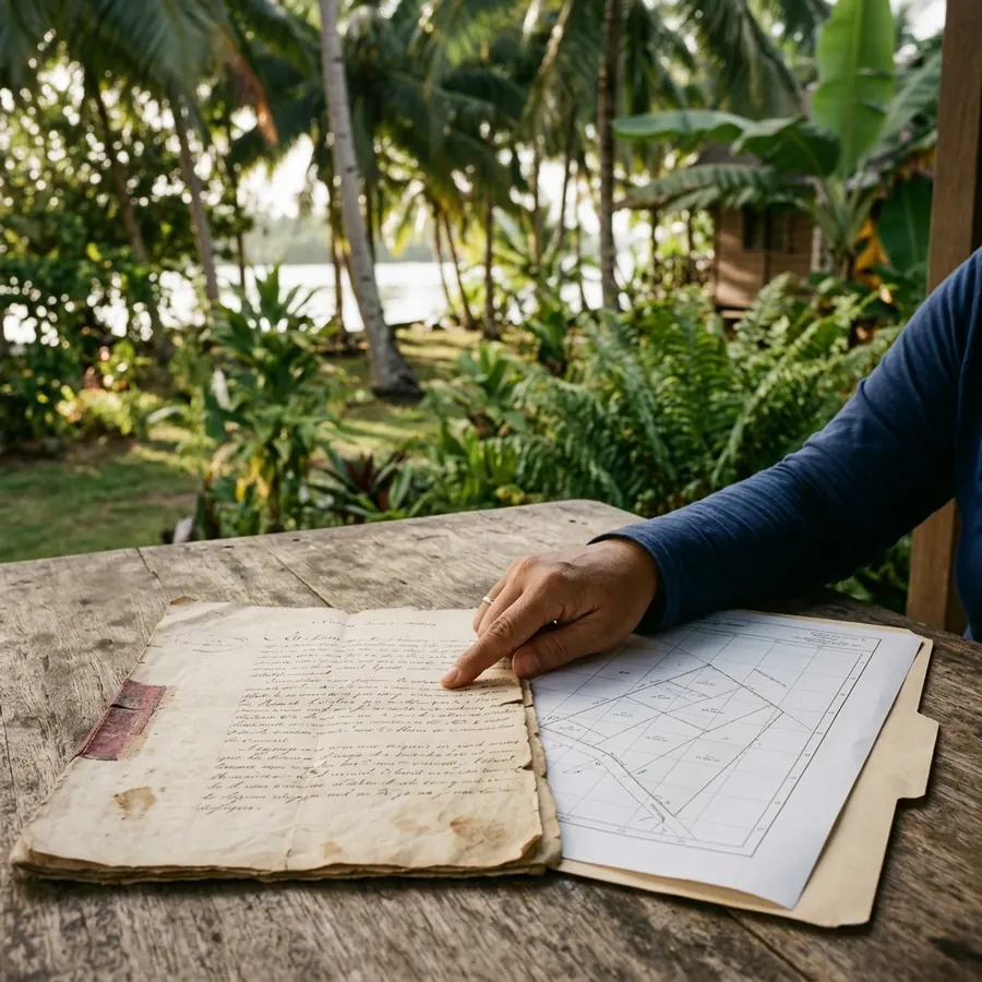 Une main posée sur un vieux document manuscrit ouvert à côté d'un plan cadastral, sur une table en bois face à un jardin tropical